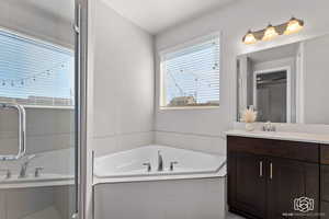Full bathroom featuring vanity and a garden tub