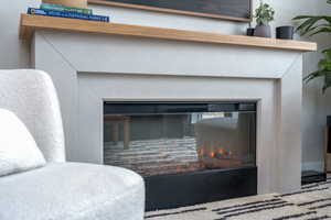 Detailed view of a glass covered fireplace