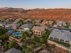 Aerial perspective of suburban area with mountains