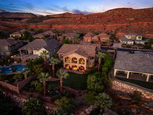 Aerial view at dusk of a mountain view and a residential view