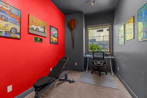 Office space featuring light carpet and baseboards