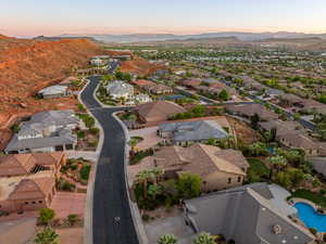 Aerial view at dusk of a mountain view and a residential view