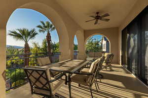View of patio / terrace featuring a ceiling fan and outdoor dining space