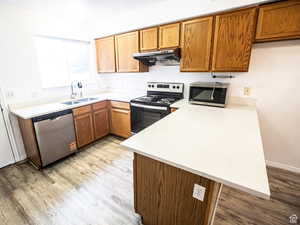 Kitchen with stainless steel appliances, light wood-style floors, wood finish cabinets, and a peninsula