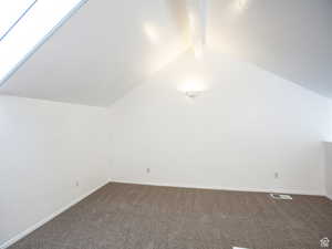 Additional living space featuring dark carpet and a skylight