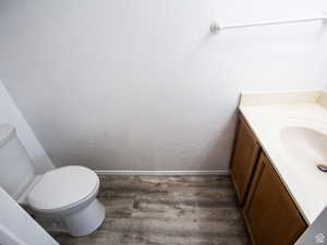 Bathroom featuring vanity and dark wood-type flooring