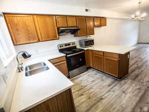 Kitchen featuring a peninsula, light wood-style floors, stainless steel appliances, wood finish cabinetry, and a chandelier