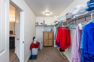 Walk in closet with dark carpet and separate washer and dryer