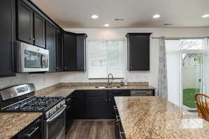 Kitchen featuring stainless steel appliances, dark cabinetry, light stone counters, dark wood-style floors, and recessed lighting