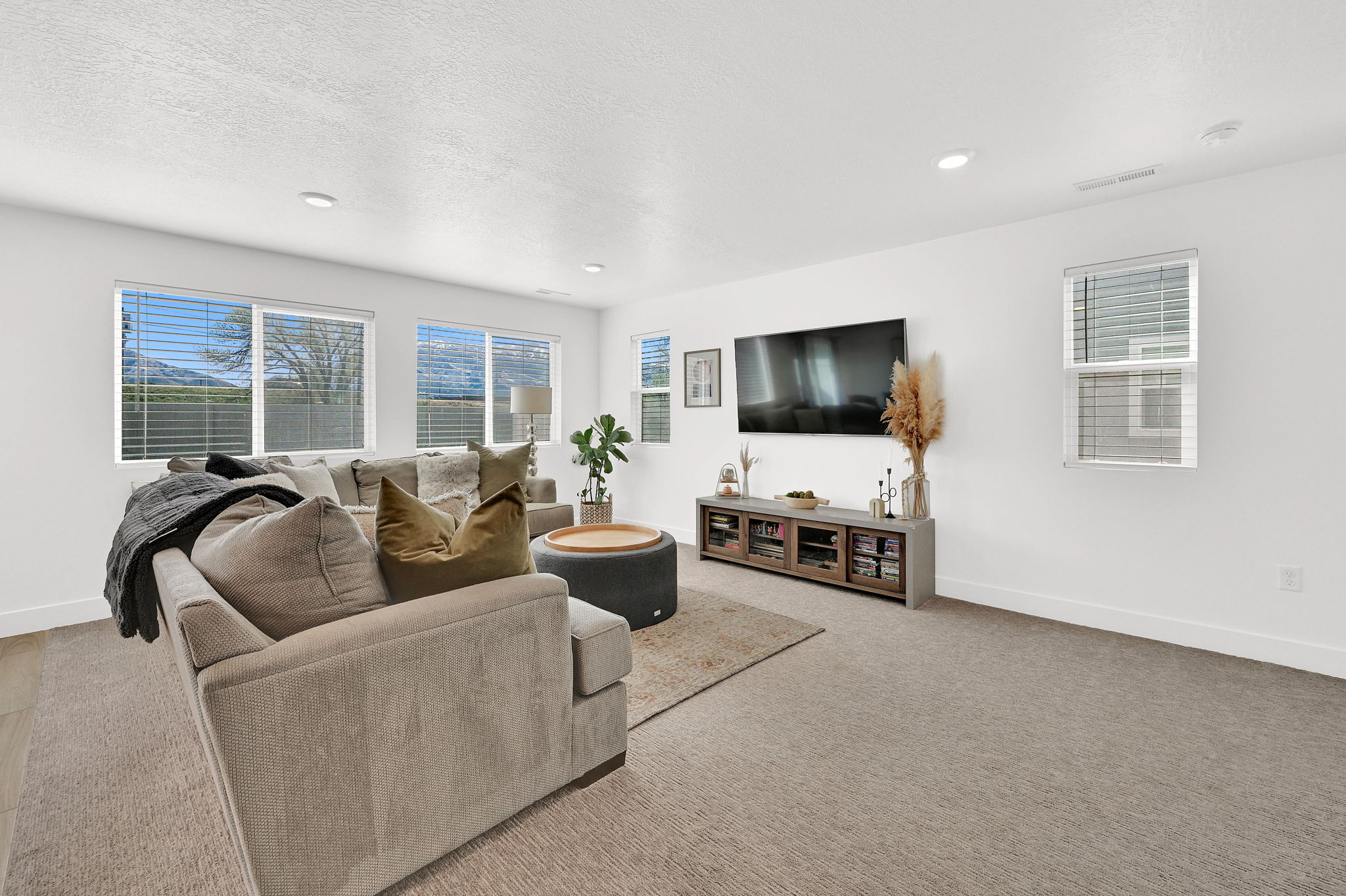 Carpeted living room with a textured ceiling and recessed lighting