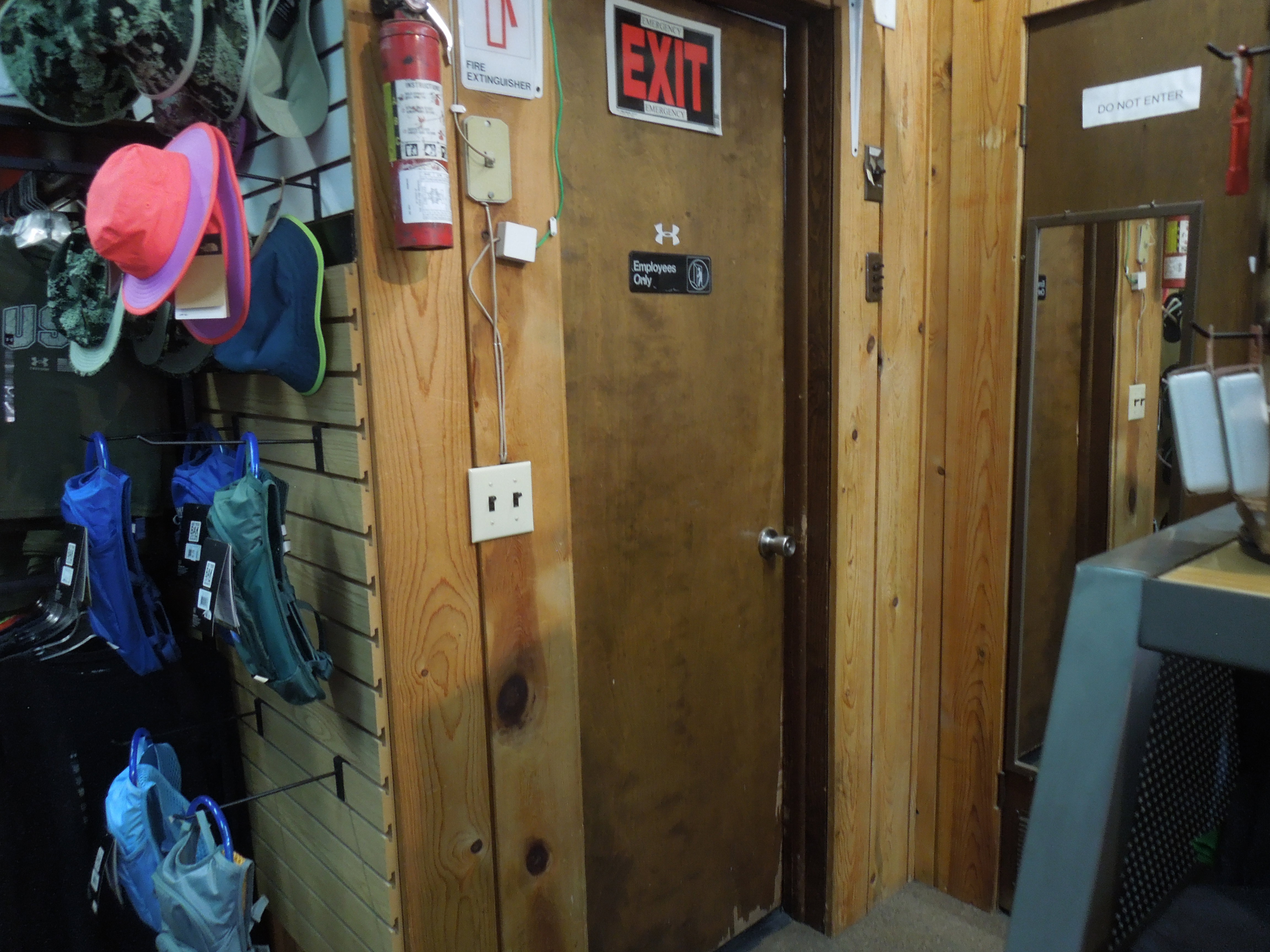 Detailed view of wood walls and a fire extinguisher