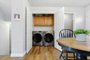 Laundry room featuring light wood-style flooring and washing machine and dryer