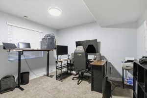 Office area with light colored carpet and baseboards