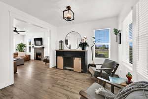 Living room featuring a ceiling fan, hardwood / wood-style flooring, and a fireplace