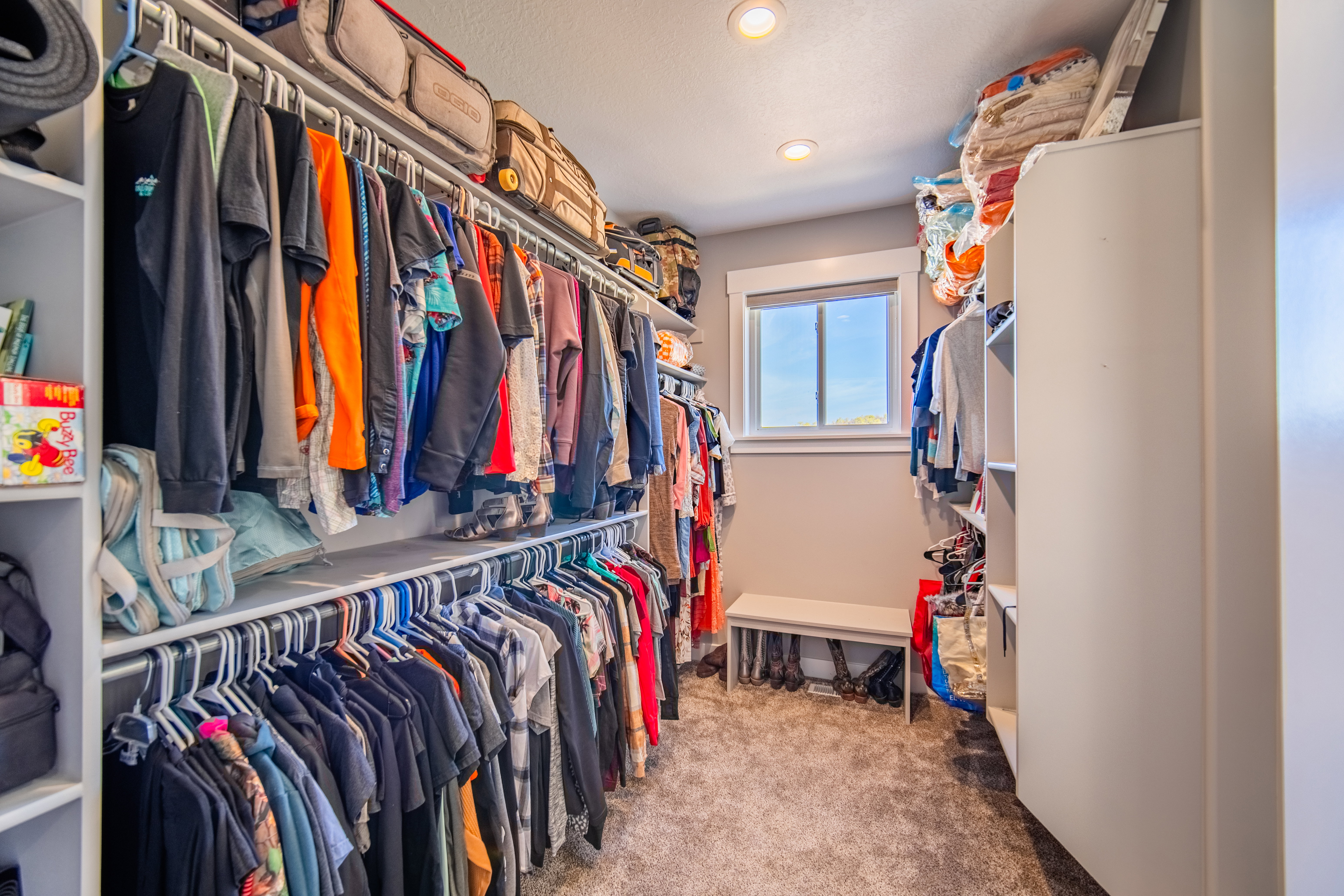 One of two primary bedroom walk in closet with colored carpet