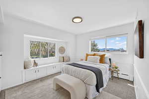 Bedroom featuring light carpet, a baseboard radiator, a mountain view, and multiple windows