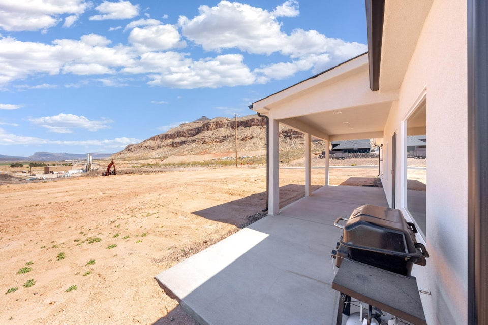 View of patio with a mountain view
