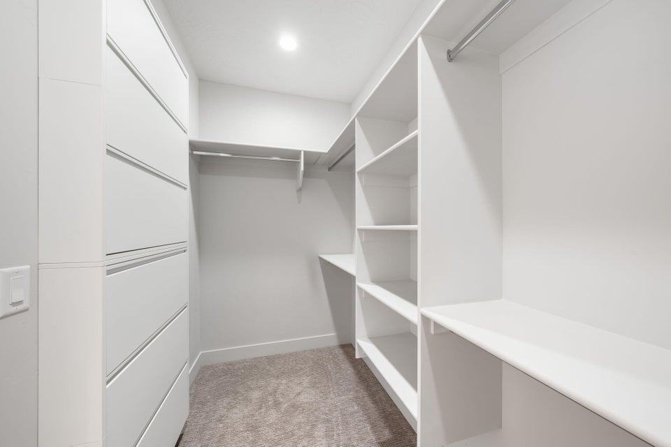 Walk in closet with light colored carpet