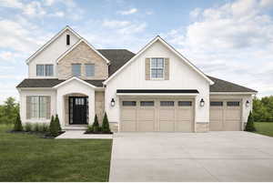 Modern inspired farmhouse featuring stone siding, roof with shingles, and concrete driveway