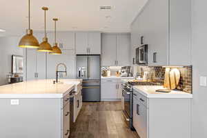 Kitchen with stainless steel appliances, backsplash, hanging light fixtures, dark wood finished floors, and a center island with sink