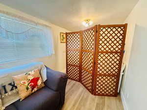 Living area with light wood finished floors and a textured ceiling