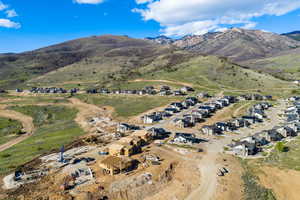 Aerial perspective of suburban area with a mountain backdrop