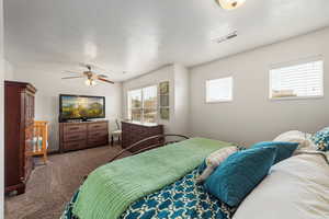 Carpeted bedroom with a textured ceiling and a ceiling fan
