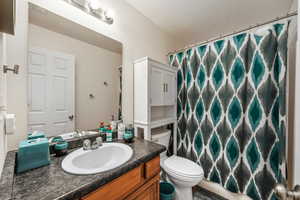 Full bathroom featuring vanity, a shower with shower curtain, and a textured ceiling