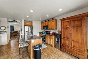 Kitchen with dark countertops, wood finish cabinets, a kitchen island with sink, a kitchen bar, and stainless steel appliances