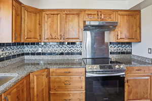 Kitchen featuring stainless steel electric stove, wood finish cabinetry, tasteful backsplash, and dark stone countertops