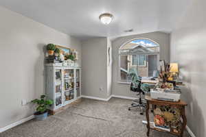 Carpeted home office featuring baseboards and a textured ceiling