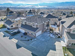 Aerial view of residential area with a mountain backdrop