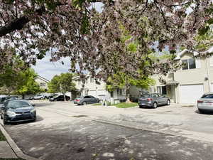 View of asphalt road with a residential view and curbs