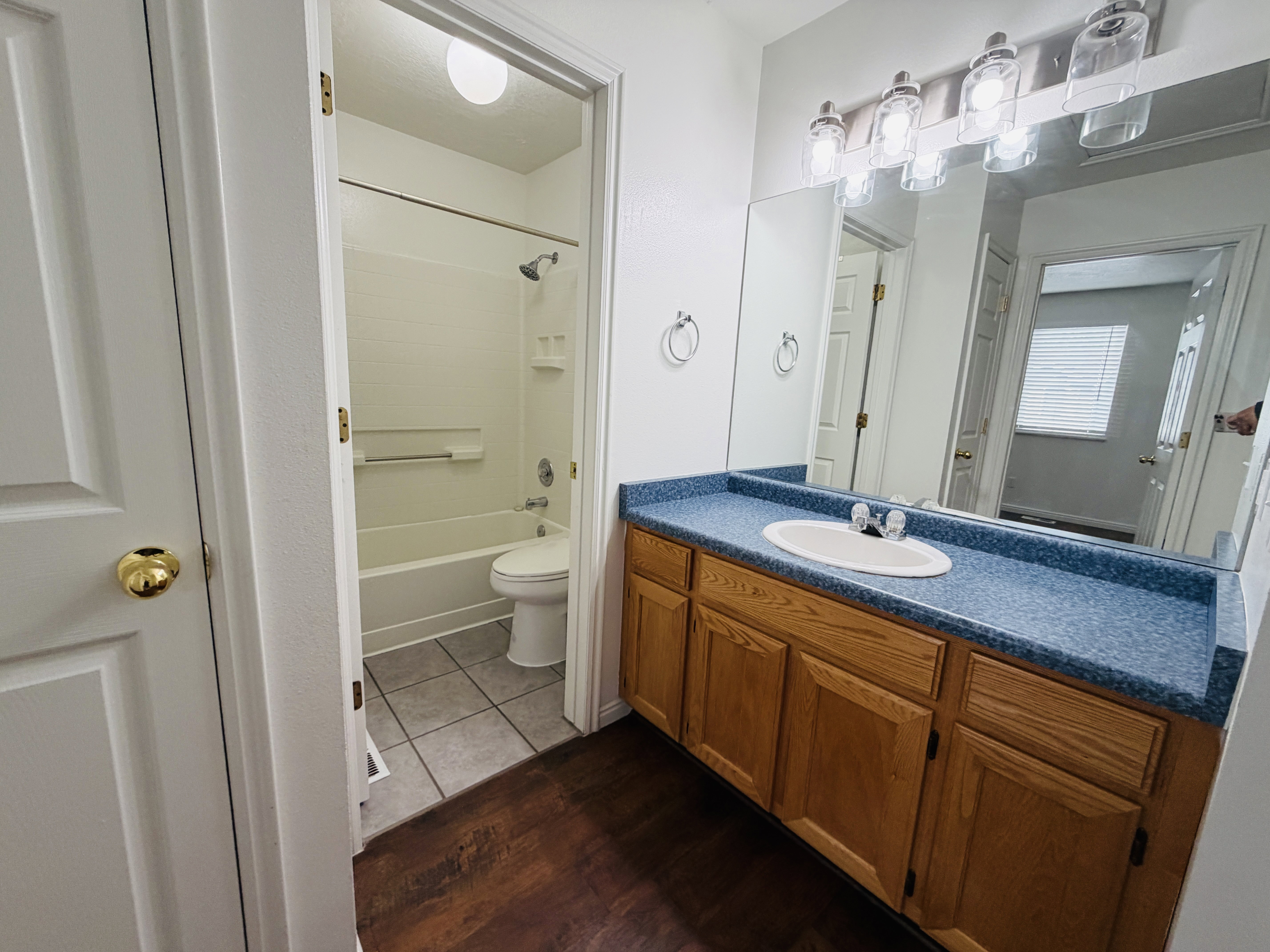 Bathroom featuring vanity, dark wood-type flooring, and shower / bath combination
