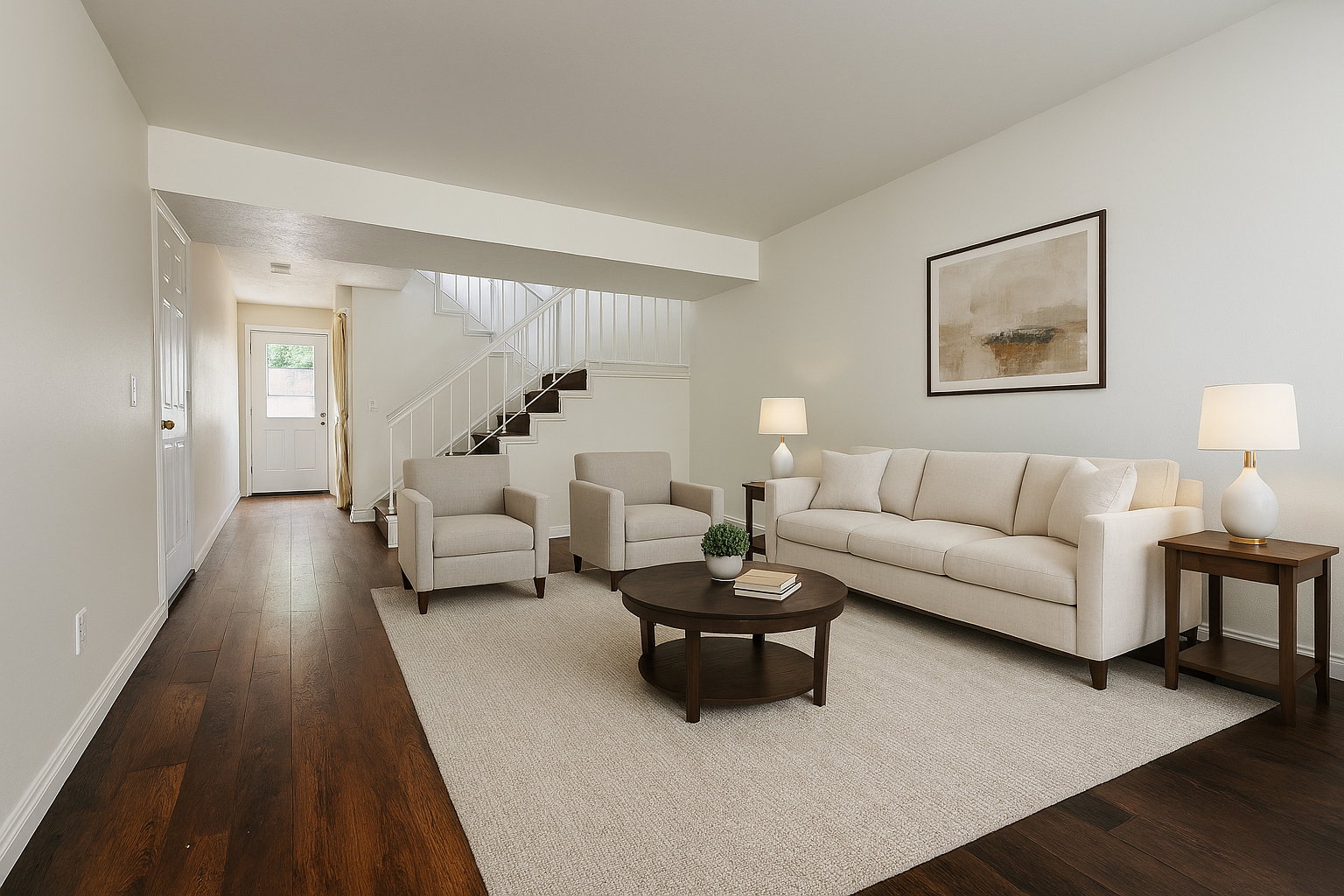 Living room featuring stairs and dark wood-type flooring