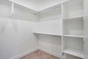 Walk in closet featuring light carpet