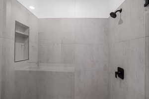 Bathroom view of a tile shower