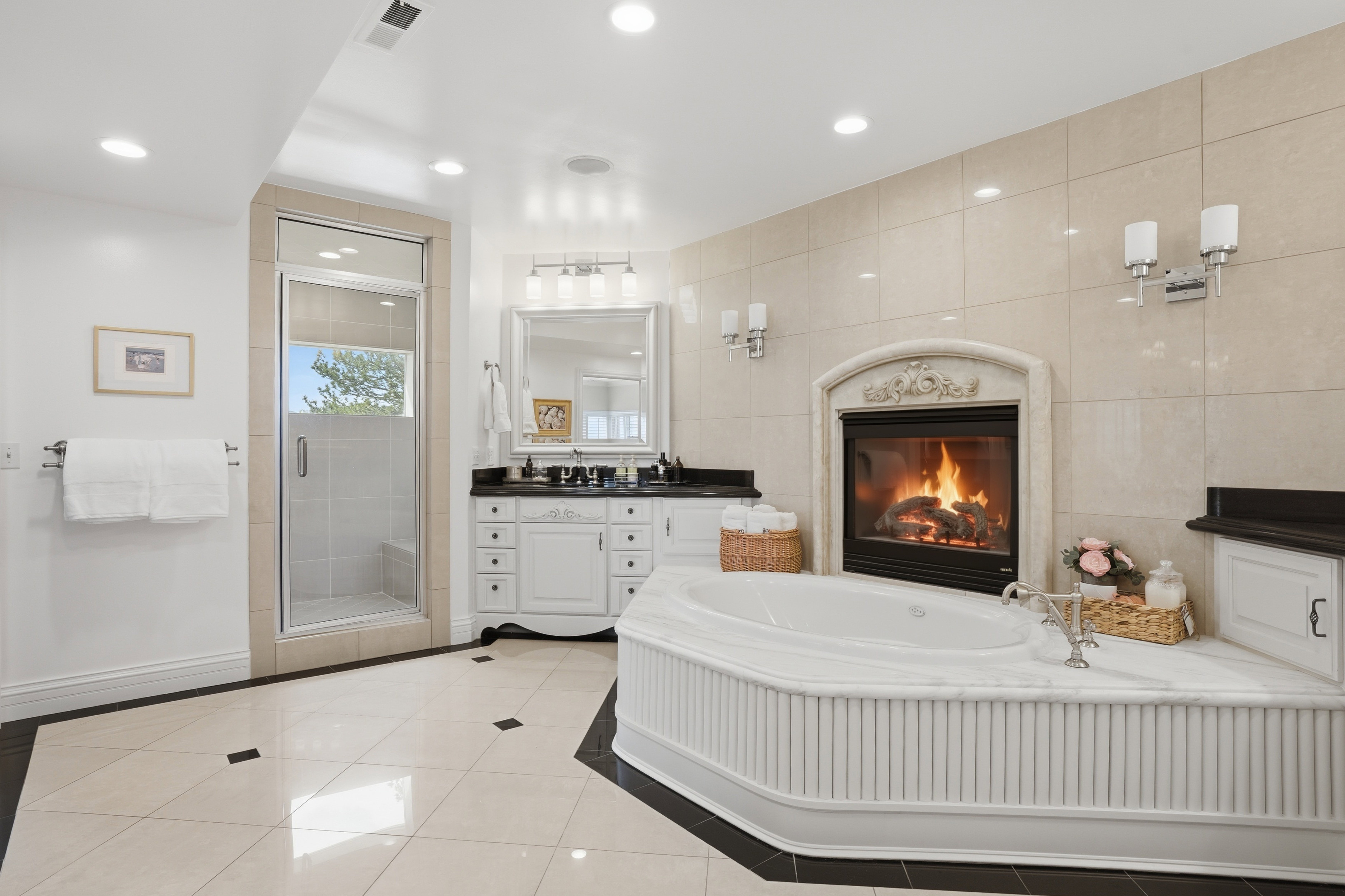 Primary bathroom with new Calcutta marble & fluted details