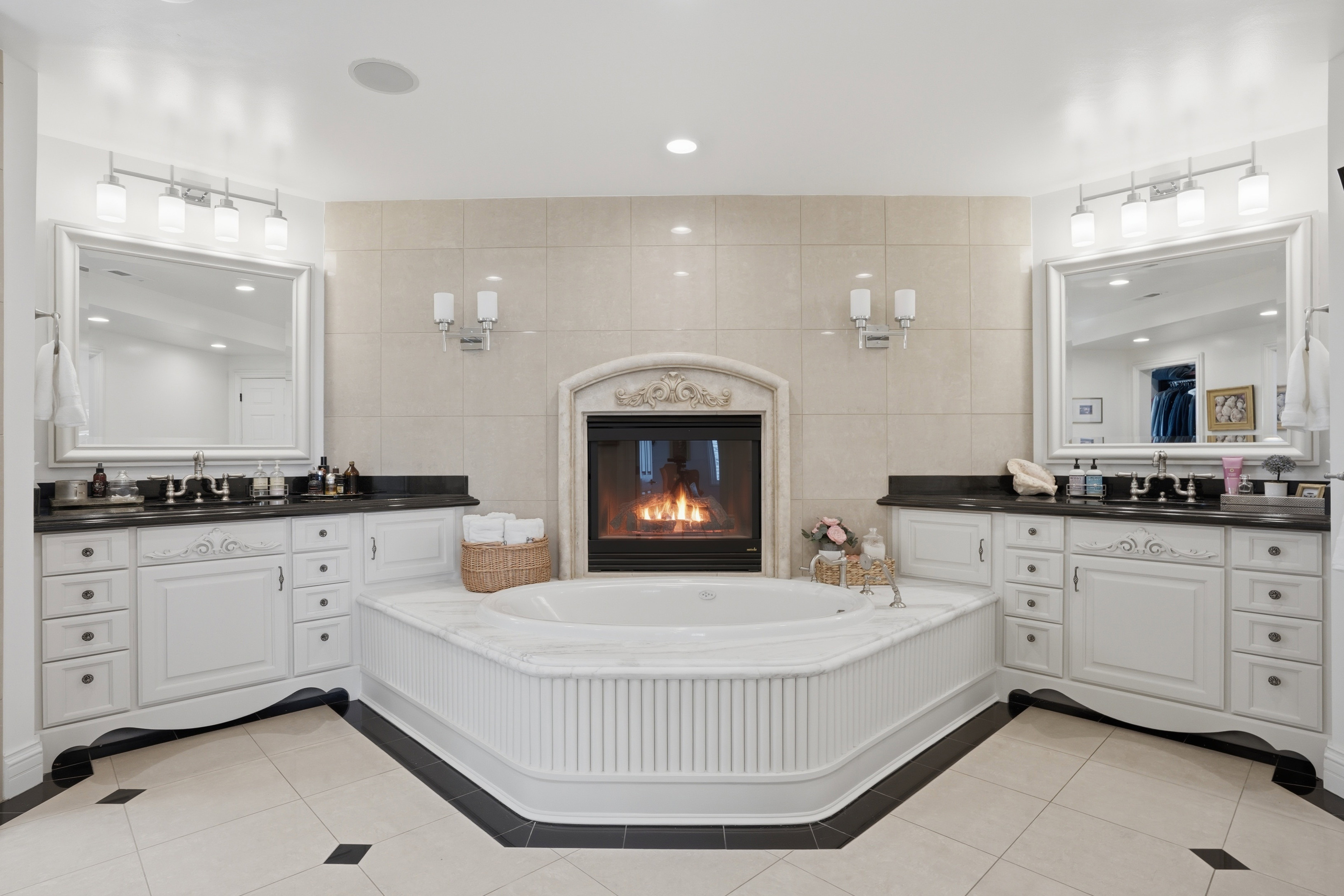 Primary bathroom with new Calcutta marble & fluted details