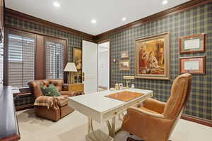 Office with crown molding & Scottish plaid wallpaper