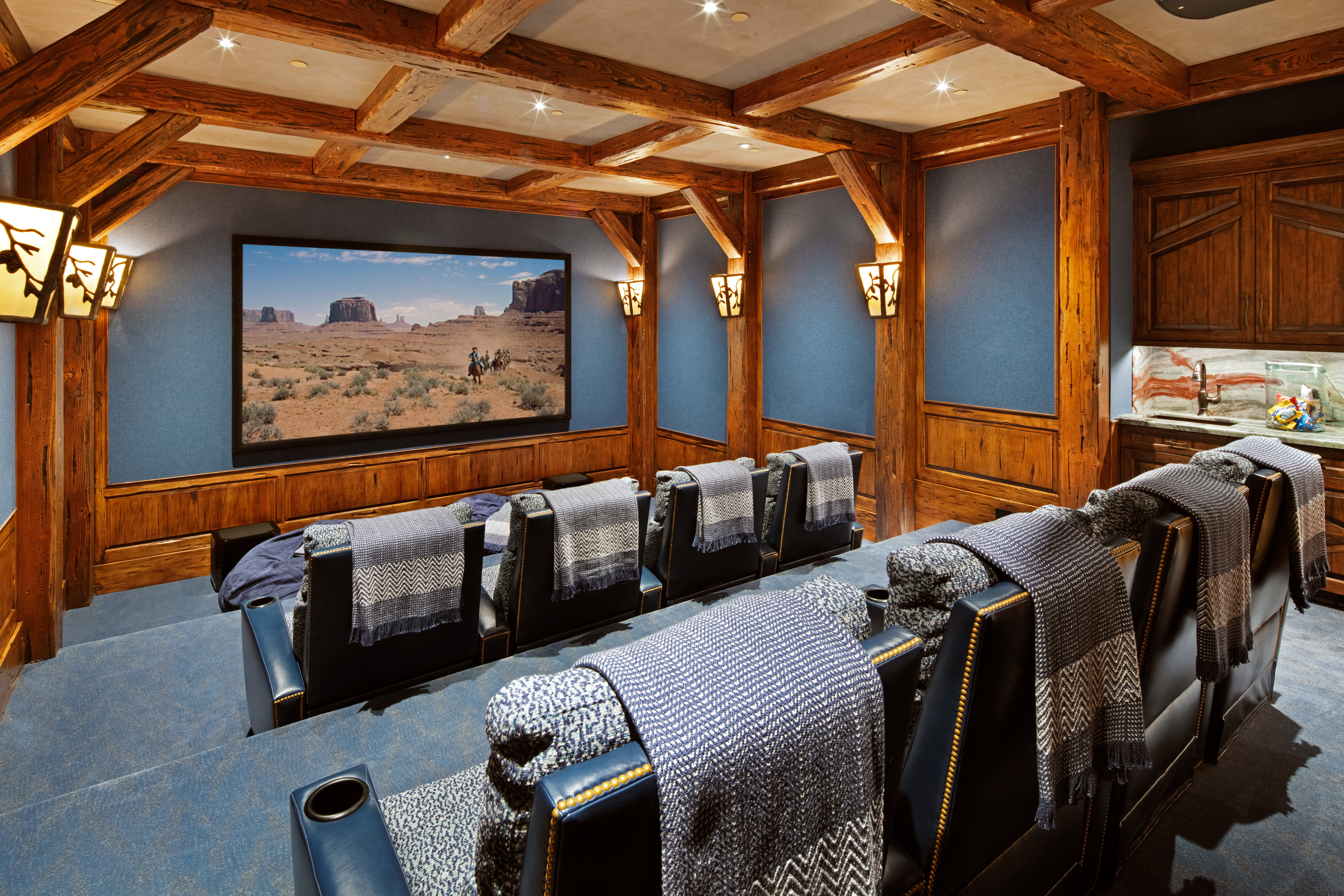 Carpeted cinema featuring coffered ceiling, wainscoting, and wood walls
