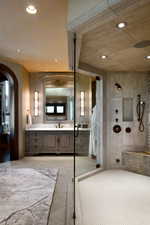 Full bathroom featuring vanity, a walk in shower, recessed lighting, and tile patterned floors