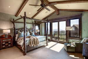 Bedroom featuring a mountain view, carpet flooring, access to outside, beam ceiling, and a ceiling fan