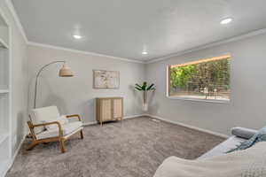 Living area featuring crown molding, carpet flooring, and recessed lighting