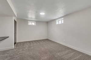 Basement with dark colored carpet, healthy amount of natural light, and a textured ceiling