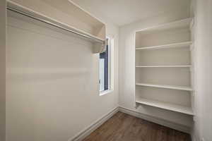 Walk in closet featuring dark wood-style flooring