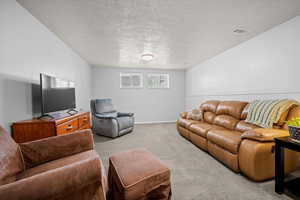 Living area with a textured ceiling, carpet, and a wainscoted wall