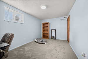 Unfurnished office with light carpet and a textured ceiling
