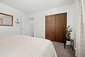Bedroom with carpet, a closet, and a textured ceiling