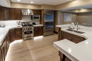 Kitchen featuring stainless steel appliances, ventilation hood, light wood-style flooring, recessed lighting, and dark wood finish cabinets